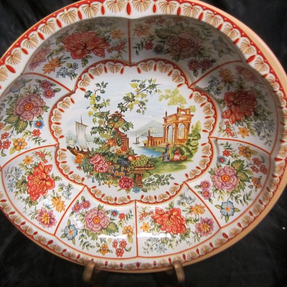 VTG 1971 DAHER DECORATED WARE TIN 10'' BOWL, FLORALS AND SCENES - Picture 1 of 8